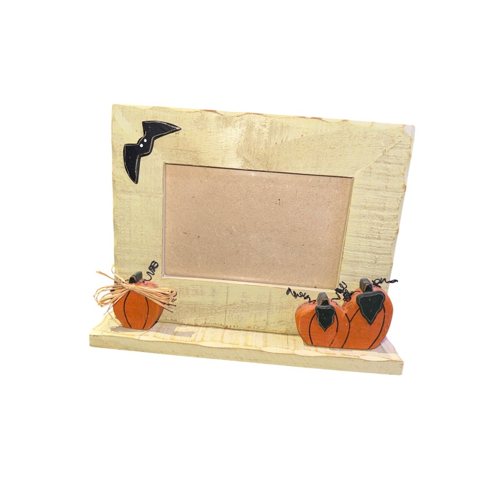 Farmhouse Fall/Halloween Pumpkin Bat Wooden Picture Frame 4x6 Tabletop